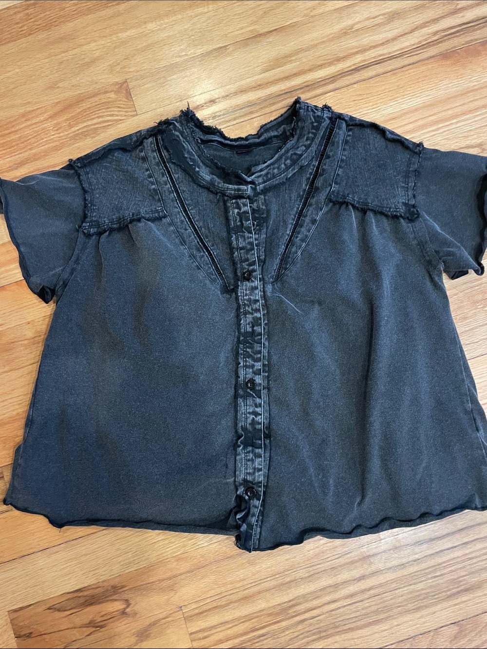 Washed Black Button-Front Short Sleeve Top